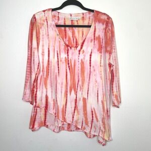 Lulu-B Womens Pink Orange Tie Dye V-Neck Asymmetrical Sharkbite Hem Top Medium